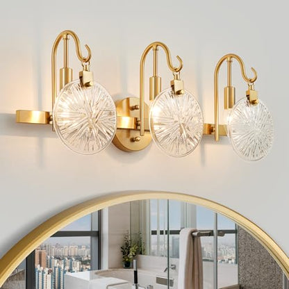WUZUPS 3-Light Bathroom Light Fixture Over Mirror Morden Vanity Wall Sconces Clear Glass Shade for Bedroom Living Room, E12 Base, Brass Gold - color: Brass Gold, Glass shade