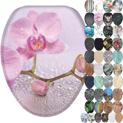 SANILO Wooden Toilet Seat with Soft Close [ELONGATED] - Decorative, Quiet & Slow Close Molded Wood Seat - With Strong Bumpers & Hinges - Adjustable Fit - Blooming - color: Blooming