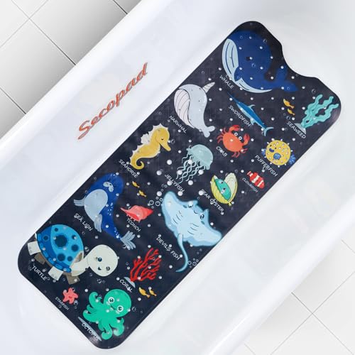 Secopad Bathtub Mat Non Slip, Cute Tub Mat, 40" x 16", Navy Sea Animals | Rectangular, Anti-Slip, Machine Washable, with Drain Holes and Suction Cups,For Bathtub and Shower Floor, for Toddler & Kids - color: Navy Sea Animals
