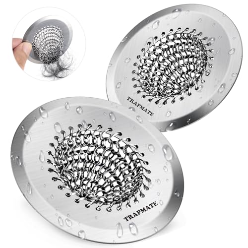 TRAPMATE 2PCS Bathtub Drain Strainer, 2.8" Patented Reversible Shower Tub Drain Hair Catcher, 304 Stainless Steel Drain Cover Protector fits Bathtub & Wash Basin, for Drains Under 2.5 Inches - color: Silver Silver