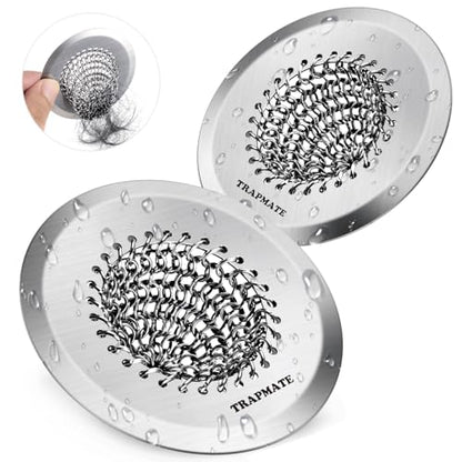 TRAPMATE 2PCS Bathtub Drain Strainer, 2.8" Patented Reversible Shower Tub Drain Hair Catcher, 304 Stainless Steel Drain Cover Protector fits Bathtub & Wash Basin, for Drains Under 2.5 Inches - color: Silver Silver