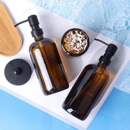 Glass Bathroom Accessory 5 Pcs | 2 Pcs 16oz Amber Soap Dispensers with Stainless Steel Pumps, 2 Pcs Qtip Holder Dispensers with Labels & Bamboo Tray