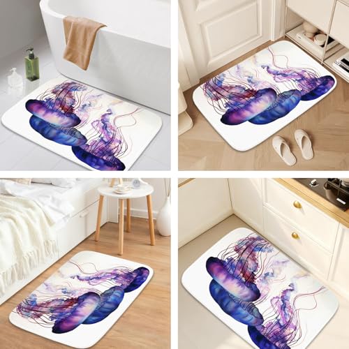 Bathroom Mat Set Ocean Nautical Tropical Modern Aesthetic Pretty Bathroom Rugs Sets 3 Piece Jellyfish, Memory Foam Bath Rugs, U-Shaped Toilet Rug Non Slip Absorbent Purple White - color: Color19