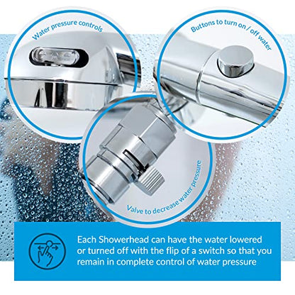 High Pressure Double Shower Heads with Handheld Spray. Adjustable Ball Joint and Detachable Head with Pressure Control Valves for an Enjoyable Spa Bathing Experience.