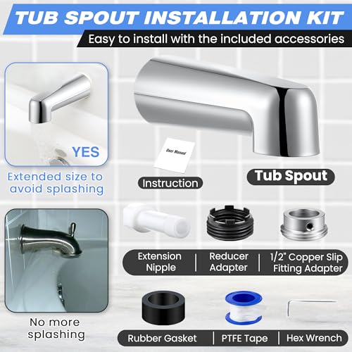 7″ Tub Spout Universal Fits,Without Diverter,Chrome | Fits 1/2" Copper Pipe, 1/2" IPS and 3/4" IPS, Bathroom Bathtub Faucet with Adapters and Hex Wrench - color: Chrome, style: Without Diverter