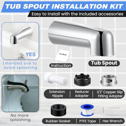 7″ Tub Spout Universal Fits,Without Diverter,Chrome | Fits 1/2" Copper Pipe, 1/2" IPS and 3/4" IPS, Bathroom Bathtub Faucet with Adapters and Hex Wrench - color: Chrome, style: Without Diverter
