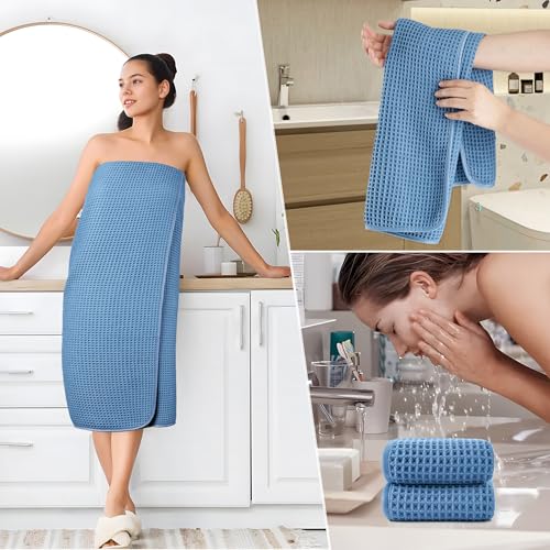 POLYTE 430 GSM Poly Blend Microfiber Quick Dry Waffle Bath Towel Set of 6 | 2-Body Towels, 2-Hand Towels, 2-Wash cloths, Oversize, Lint Free - color: Blue