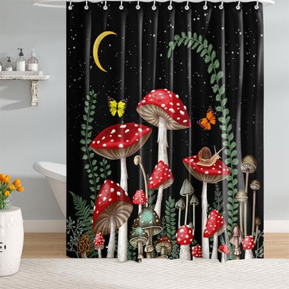 Black Mushroom Shower Curtains 72 x 72 Inch, Waterproof Fabric Rustic Retro Mushroom Moon Butterfly Botanical Bathroom Shower Curtain with 12 Hooks - color: Black Mushroom, size: 72"W x 72"L (Pack of 1)