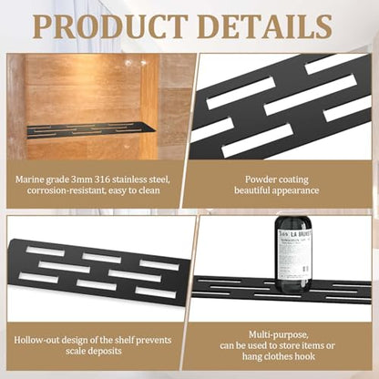 12 Inch Shower Niche Shelf Powder Coated 316 Stainless Steel Tile Insert | Rectangular Shelf for 12 Inch Tile Prefabricated Niches, Fits 1/8 Inch Grout Lines, Shower Niche Insert Powder Coated Finish - size: 316 Stainless Steel - Black