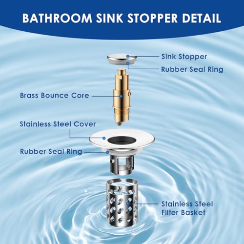Bathroom Sink Stopper with Hair Catcher, Universal Pop-Up Drain Strainer for 1.1"–2.36" US Standard Sink Drain Hole, Anti-Clog Basin Stopper with Removable Stainless Steel Strainer Basket (Slant Bore)