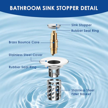 Bathroom Sink Stopper with Hair Catcher, Universal Pop-Up Drain Strainer for 1.1"–2.36" US Standard Sink Drain Hole, Anti-Clog Basin Stopper with Removable Stainless Steel Strainer Basket (Slant Bore)