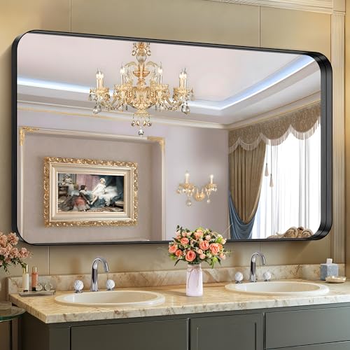 CIRCUMI Black Bathroom Mirror, 36"x60" Rectangular Mirror for Vanity | Deep Metal Frame, Rounded Corner, Shatter proof, Tempered Glass, Installed Vertically/Horizontally, Mirror for Wall,Over Sink - color: Rounded Corner Black, size: 60"L x 36"W