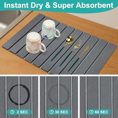 3Pcs Water Absorbing Stone Drying Mats for Kitchen Counter Diatomite Dish | Large Fast Dry Stone Sink Mat Dish Drying Matt Pad Bathroom Trays Countertop Black Diatomaceous Earth Dish Draining Mat - color: Dark Gray