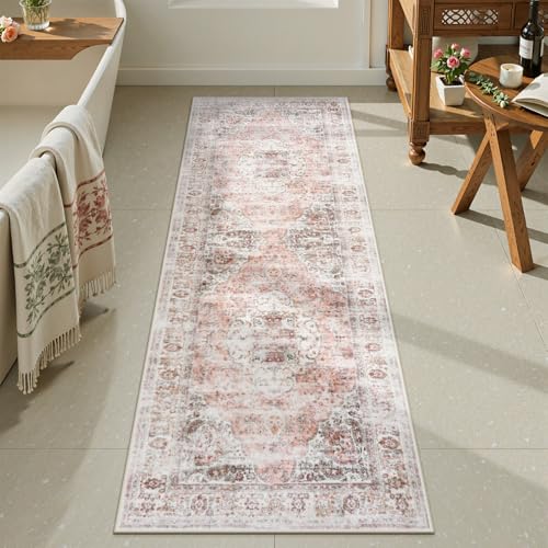 Uphome Bathroom Rugs Runner, Distressed Farmhouse Boho Blush Pink Bath Mat, Non Slip Washable Long Bath Rugs, Vintage Traditonal Soft Velvet Bathroom Runner for Bathtub Sink Shower, 20x60 inch - color: Blush Pink, size: 20 x 60 inch (Rectangular)