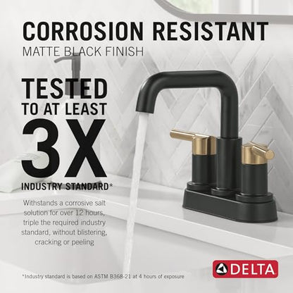 Delta Nicoli Centerset Matte Black/Brushed Gold Bathroom Faucet, 4 Inch 3 Hole Bathroom Sink Faucet for Vanity, Push-Pop Drain Assembly, Matte Black/Champagne Bronze 25849LF-GZ - color: Matte Black/Champagne Bronze