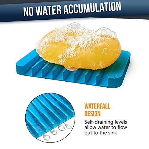 ZAPPOWARE Self Draining Soap Dish for Bar Soap - Pack of 2 Blue Silicone Waterfall Drain Soap Savers for Shower, Bath, Kitchen Countertop - color: Blue
