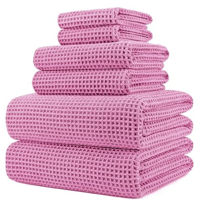POLYTE 430 GSM Poly Blend Microfiber Quick Dry Waffle Bath Towel Set of 6 | 2-Body Towels, 2-Hand Towels, 2-Wash cloths, Oversize, Lint Free - color: Pink