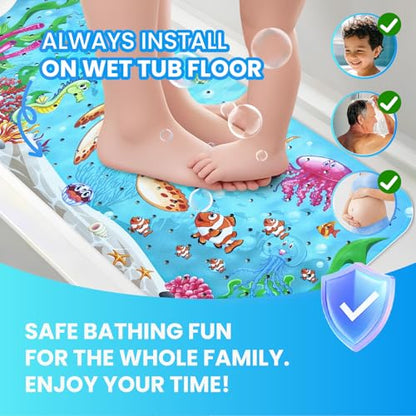 Baby Bath Tub Mat, 40 x 16 Inch Extra Large Non Slip Kids Cartoon Bathtub Shower Mats with Suction Cups & Drain Holes, Machine Washable for Bathroom, Undersea Sea Turtle - color: Undersea-sea Turtle
