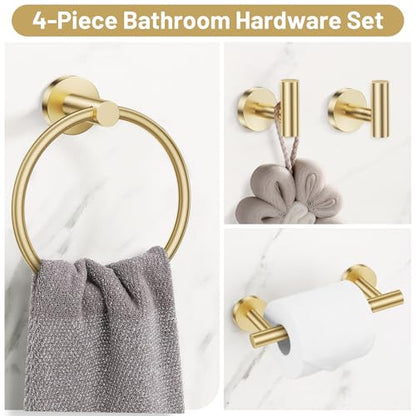 Brushed Gold Bathroom Hardware Set, Toilet Paper Holder, Towel Ring & Hooks | Lairuier Bathroom Accessories Include Stainless Steel Double Bases Toilet Paper Holder, Towel Ring, 2 Towel Hooks Wall Mount - color: Brushed Gold, size: Set B