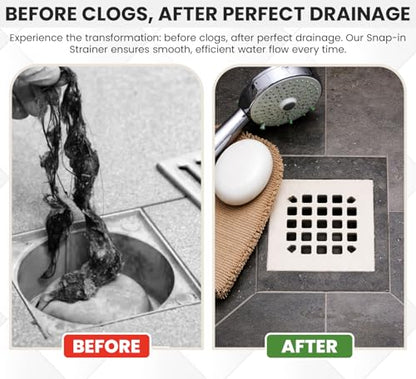 4-1/4” Square Snap-in White Shower Drain - Stainless Steel Replacement - 4.25 inch Durable Floor Cover -Snap-in - Easy Installation Universal Grate Strainer - color: White