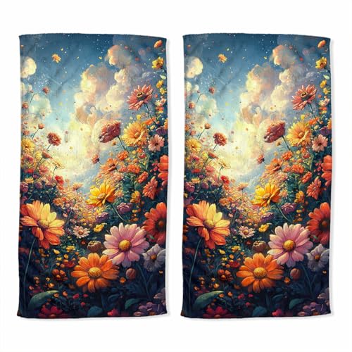 Flower Hand Towel Set of 2 Daisy Spring Garden Landscape Absorbent Bath Towels Soft Breathable Bathroom Towel for Kitchen Hotel Spa Decor Gift 14x28 inch - color: Flower Daisy
