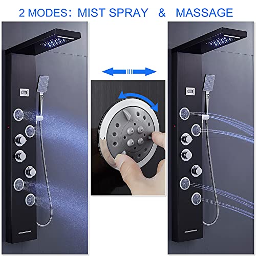6-in-1 LED Shower Panel Tower System Stainless Steel Black | Rainfall + waterfall | 4 body jets | Handheld shower | Tub spout | LED display | Wall mount - color: Black