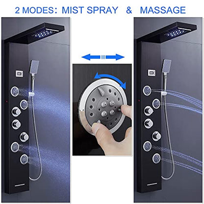 6-in-1 LED Shower Panel Tower System Stainless Steel Black | Rainfall + waterfall | 4 body jets | Handheld shower | Tub spout | LED display | Wall mount - color: Black