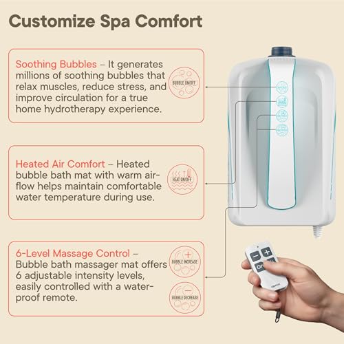 Bubble Bath Massager Mat for Bathtub, 47.24" x 14.57" Full-Body Heated Air Spa with 6-Level Adjustable Bubbles, Non-Slip Waterproof Design, Remote Control, For Stress, Muscle Relief & Relaxation, Aqua - color: Aqua