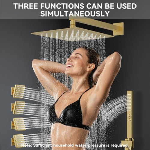 STARBATH Shower System with Body Jets,12" Rainfall Shower System with 2 in 1 Handheld and 4 Body Jets, Can Use All at Once, Push Button Complete Shower Jets System with Valve and Trim Kit,Brushed Gold - color: Gold, size: 12"-04