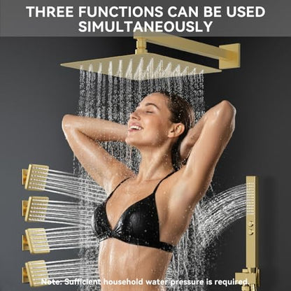 STARBATH Shower System with Body Jets,12" Rainfall Shower System with 2 in 1 Handheld and 4 Body Jets, Can Use All at Once, Push Button Complete Shower Jets System with Valve and Trim Kit,Brushed Gold - color: Gold, size: 12"-04