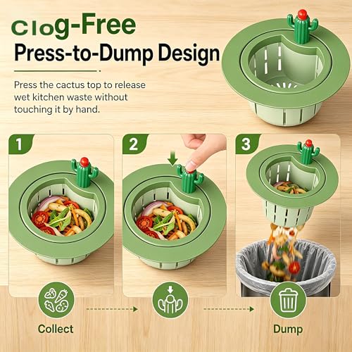 Cactus Kitchen Sink Drain Strainer,Press Automatic Dumping Basket(Green) - color: Green