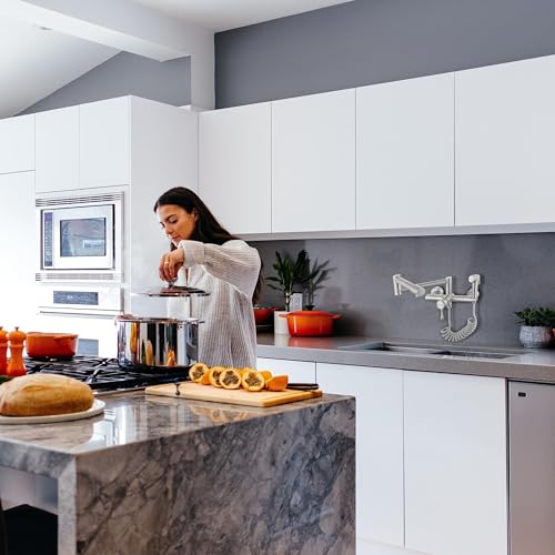 Wall Mount Kitchen Faucet, Folding Commercial Tap with Side Sprayer | 304 Stainless Steel Constructed, Brushed Nickle, Rotatable, 8"" Center - color: Style C, Faucet with Stand