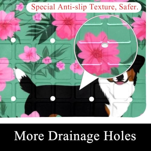 Bathtub Mat Non Slip 26.8x15.1 Inch, Dogs Flowers Shower Mat with Suction Cups and Drain Holes, Machine Washable Shower Mats for Inside Shower - color: Multi 15