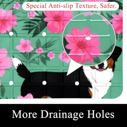 Bathtub Mat Non Slip 26.8x15.1 Inch, Dogs Flowers Shower Mat with Suction Cups and Drain Holes, Machine Washable Shower Mats for Inside Shower - color: Multi 15