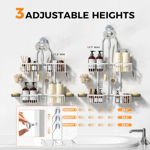 Adjustable Aluminum Shower Caddy Hanging for Handheld Showerhead, White | Rustproof Aluminum, Shower Organizer, Anti-Slip, Quick-Drain Shelf, 40lbs Capacity, Suction Cups, 8 Hooks, Razor Soap Holders - color: White
