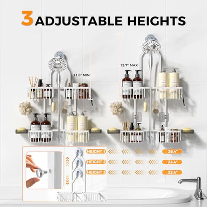 Adjustable Aluminum Shower Caddy Hanging for Handheld Showerhead, White | Rustproof Aluminum, Shower Organizer, Anti-Slip, Quick-Drain Shelf, 40lbs Capacity, Suction Cups, 8 Hooks, Razor Soap Holders - color: White
