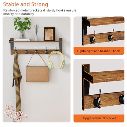 Coat Rack with Wall Mount, 23 Inch Long Entryway Wall Shelf with Hooks, Wood Hanger with Storage Shelf for Bathroom, Hallway, Rustic Brown - size: 23 inch Long
