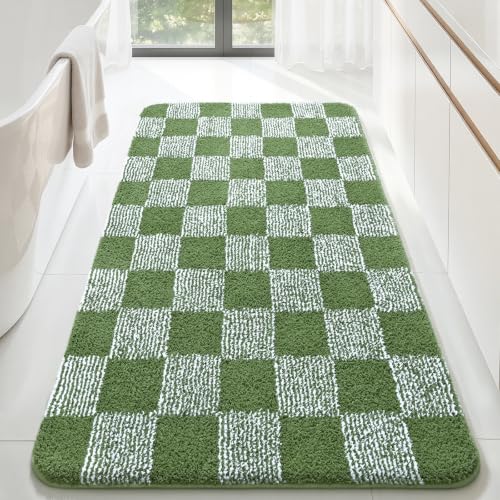LOCHAS Long Bathroom Runner Rug 60×30, Checkered Bath Mat Non Slip, Green | Rubber Backing Absorbent Machine Washable, Microfiber Carpet for Kitchen Bedroom Entryway - color: Green, size: 60" x 30"