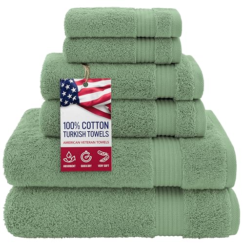 American Veteran Towel, 100% Cotton Turkish 6 Piece Towel Set, Luxury Towels Set of 6 for Bathroom Essentials, 2 Bath Towel 2 Hand Towel 2 Washcloth, Sage Green - color: Sage Green, size: XL 6PC