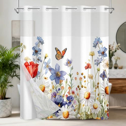 No Hook Shower Curtain and Liner Set, Waterproof Farmhouse Shower Curtain with Weighted Hem and Sheer Top Window, Double Layer Garden Floral Shower Curtains for Bathroom, 71x74 Inches - color: Spring Garden