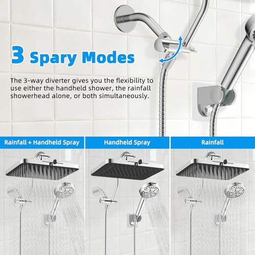 Hibbent 13'' 5-spray Rain Shower Head with 10-Spray Handheld, Chrome | cUPC Certified High Pressure Dual Showerhead Combo, Upgraded Rainfall Shower Head, 12'' Extension Arm, 71'' Hose & Holder - color: Chrome, style: Square 13''