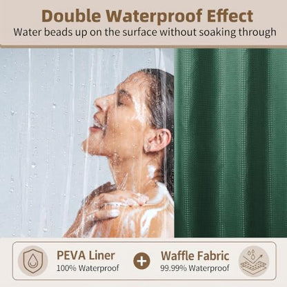Siiluminisoy Shower Curtain and Liner Set, Waffle Shower Curtain Set with 12 Stainless Steel Hooks, Waterproof Luxury Fabric Shower Curtains for Bathroom and Hotel, Dark Green, 72" W x 84" H - color: Dark Green, size: 72"W x 84"L (Pack of 1)