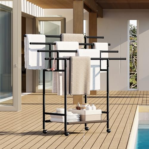 Homeiju Expandable Free Standing Towel Rack for Bathroom, 4 Tier Blanket Rack, Adjustable Blanket Holder for Bathroom, Towel Drying Rack Stand for Outdoor, Poolside, Black