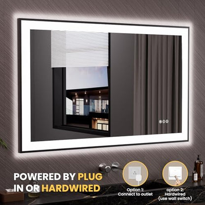 LOAAO 48"X30" LED Bathroom Mirror Black Framed | Anti-Fog, Dimmable, Memory Function, Tempered Glass, Lighted Vanity Mirror for Wall - size: 48"L x 30"W