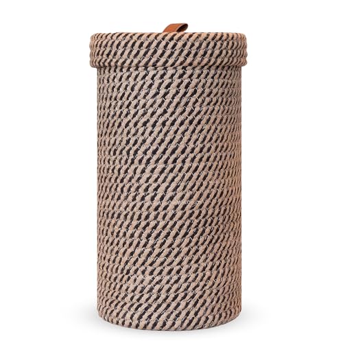 Handmade Cotton & Jute Toilet Paper Holder – Woven Toilet Paper Stand & Storage Basket with Lid, Freestanding Organizer for Bathroom, Fits 3 Mega Rolls 14" x 7'' - color: Black