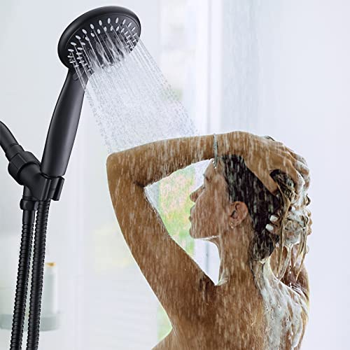 Handheld Shower Head High Pressure 5-Settings with Hose, Matte Black | Powerful Water Spray, Against Low Pressure Water Flow, 59 Inch Stainless Hose, Adjustable Mount - color: Black