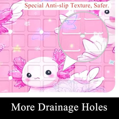 Non Slip Bathtub Mat Axolotl Print Pink Bathroom Shower Tub Mats with Suction Cups and Drain Holes for Kids and Adults 15.7x27.9 in