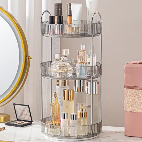 Aveniee Rotating Makeup Organizer for Vanity, 3 Tier Perfume Skincare Organizers and Storage for Bathroom Countertop, Clear Spinning Counter Cosmetic Holder for Dresser,Grey - color: Suya Grey, size: Standard-3 Tier