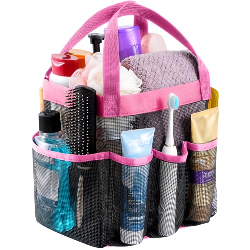 Lifewit Mesh Shower Caddy Portable for College Dorm Room Essentials with 7 Pockets, Freestanding Hanging Organizer Basket, Quick Dry Tote Bag for Camping, Bathroom, Beach, Travel, 1 Pack, Pink | 2 Handles, Freestanding, Quick Dry Tote Bag, 7 Pockets, for