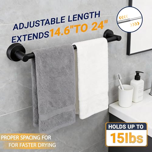 Towel Racks for Bathroom Suction Cup Towel Bar 14.6-24in Adjustable | No Drill Bathroom Towel Holder, Stainless Steel Construction, Heavy Duty Wall Mounted (Matte Black) - color: Matte Black